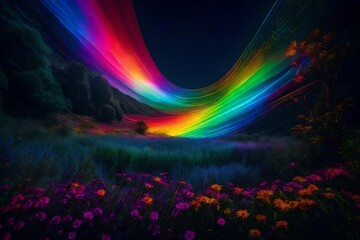 Illuminate a spectral dreamscape where iridescent flora and fauna dance in the radiant glow of a digital rainbow