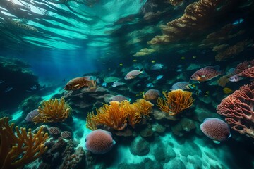 Bring to life a vibrant underwater scene with intricate coral formations, teeming marine life, and crystal-clear waters