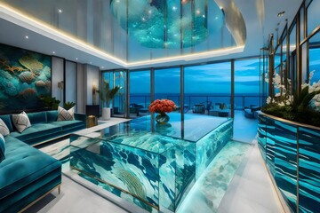 An oceanfront penthouse entry with a glass bridge, showcasing underwater scenes, and a living coral-inspired art installation