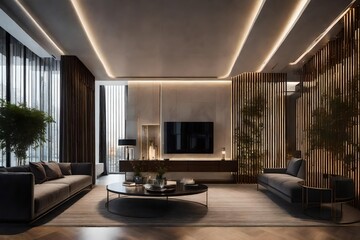 The tech-savvy foyer of a smart apartment showcasing a virtual concierge, smart storage solutions, and an AI-driven climate control system