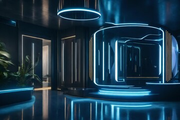 The entrance of a futuristic residence showcasing an AI-powered robotic  and a holographic navigation guide for guests