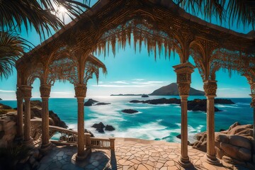 Compose a coastal symphony where stately entryways, kissed by salted breezes, stand sentinel against the backdrop of a vast and calming ocean