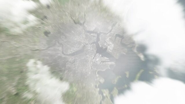 Earth zoom in from space to Boston, USA. Followed by zoom out through clouds and atmosphere into space. Satellite view. Travel intro. Images from NASA