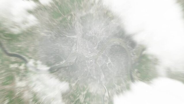 Earth zoom in from space to Cincinnati, USA. Followed by zoom out through clouds and atmosphere into space. Satellite view. Travel intro. Images from NASA