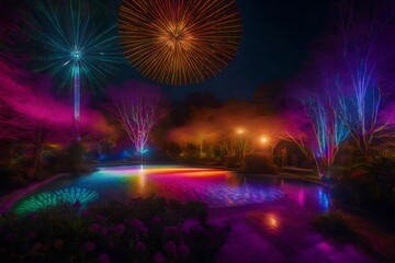 Craft a mesmerizing tapestry of refracted light, as vivid hues converge upon a tranquil cybernetic garden
