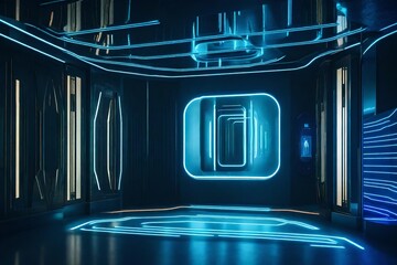 The entrance of a futuristic residence showcasing an AI-powered robotic  and a holographic navigation guide for guests