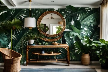 The entryway of a tropical retreat with a bamboo console table, rattan chairs, and a statement palm leaf wallpaper