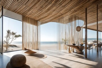 An airy beach house entrance with floor-to-ceiling windows, a suspended driftwood sculpture, and a neutral color palette