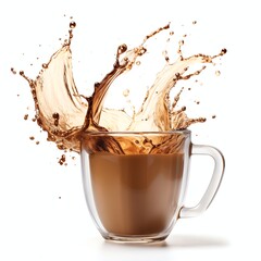 a Coffe splash in mug, studio light , isolated on white background