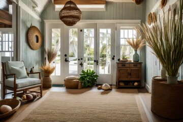 The welcoming foyer of a coastal cottage adorned with seagrass rugs, driftwood furniture, and a collection of seashells - obrazy, fototapety, plakaty