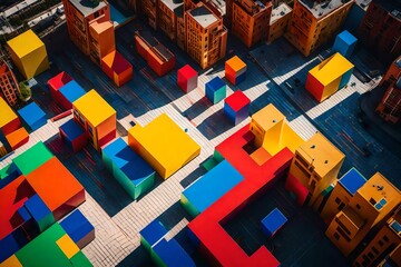 Conjure an abstract city square where primary-colored geometric shapes interact with sunlight, casting playful shadows in a visually engaging playground