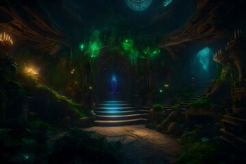 Design a secret lair where friendly dragons reside, surrounded by glowing crystals and lush vegetation