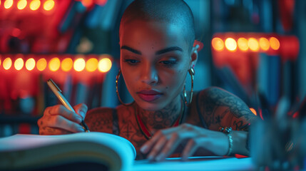 Bald-headed Woman Engrossed in Reading