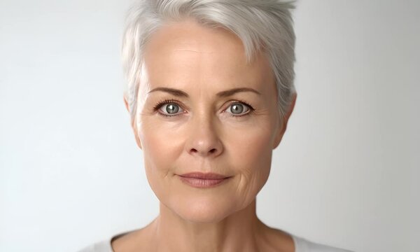 A portrait of a mature woman with short silver hair and a gentle expression on a plain background.