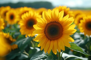 Field of sunflowers, blooming sunflower on a bright sunny summer day, botany, ecology, farming