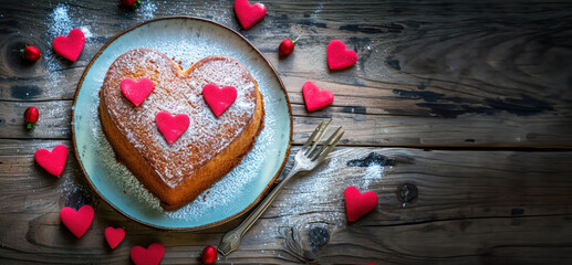 Heart-shaped cake with red hearts served on a plate on the rustic table.