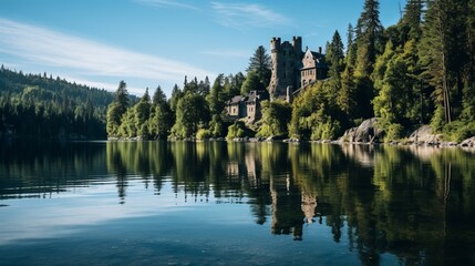 Castle Overlooking Lake and Surrounding Forest