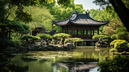 Pond in Japanese Garden With Pagoda in Background
