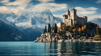 Castle Perched on Mountain, Overlooking Water - obrazy, fototapety, plakaty