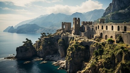 A Castle on a Cliff Overlooking a Body of Water - obrazy, fototapety, plakaty