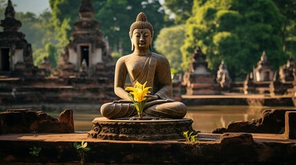 Buddha Statue With a Yellow Flower in Front