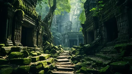 Papier Peint photo Route en forêt Stone Path Cutting Through Dense Jungle