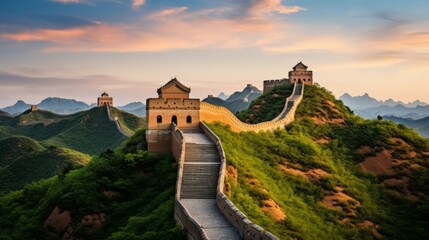 The Great Wall of China With Mountains in the Background - obrazy, fototapety, plakaty
