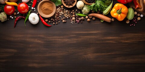 Top view of wooden table with various vegetables, spices, and space for healthy food preparation.