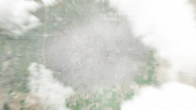 Earth zoom in from space to Gilbert, USA. Followed by zoom out through clouds and atmosphere into space. Satellite view. Travel intro. Images from NASA