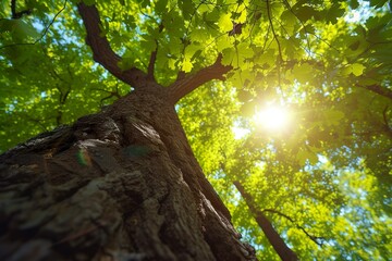 Trees grow gracefully toward the sun in a close-up of a natural forest. Nature scene in a beauty of the natural process of photosynthesis and green vitality.
