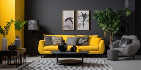 Black and white patterned living room with grey furniture, yellow accents.