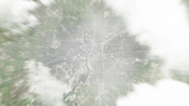 Earth zoom in from space to Indianapolis, USA. Followed by zoom out through clouds and atmosphere into space. Satellite view. Travel intro. Images from NASA