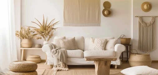 Modern house interior details. Simple cozy beige living room interior with sofa, decorative pillows, wooden table with candles and natural decorations - obrazy, fototapety, plakaty