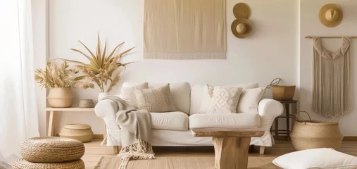 Fotobehang Modern house interior details. Simple cozy beige living room interior with sofa, decorative pillows, wooden table with candles and natural decorations © StockWorld