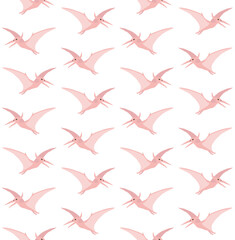 Vector seamless pattern of pink flat hand drawn pterodactyl dinosaur isolated on white background