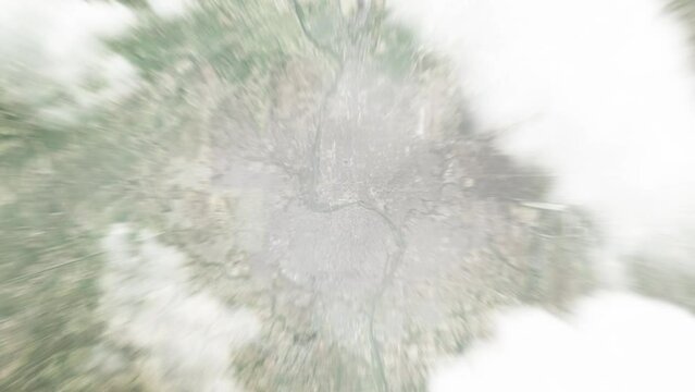 Earth zoom in from space to Laredo, USA. Followed by zoom out through clouds and atmosphere into space. Satellite view. Travel intro. Images from NASA