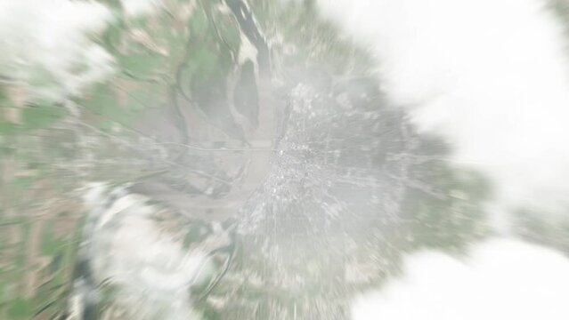 Earth zoom in from space to Memphis, USA. Followed by zoom out through clouds and atmosphere into space. Satellite view. Travel intro. Images from NASA