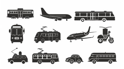 A silhouette icon set depicting air, auto, and railway transport, including a stop station sign for public transport in glyph pictogram style. Icons of a car, bus, tram, train, metro, plane and ship