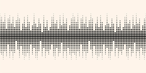 Vector minimal seamless pattern with halftone dots. Dynamic visual effect, simple black and white background. Monochrome illustration of sound waves, music. Techno geometric texture. Repeated design