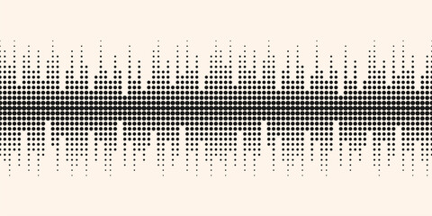 Vector minimal seamless pattern with halftone dots. Dynamic visual effect, simple black and white background. Monochrome illustration of sound waves, music. Techno geometric texture. Repeated design