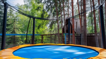 An outdoor trampoline, suitable for both children and adults, equipped with a safety net featuring a zipper entrance