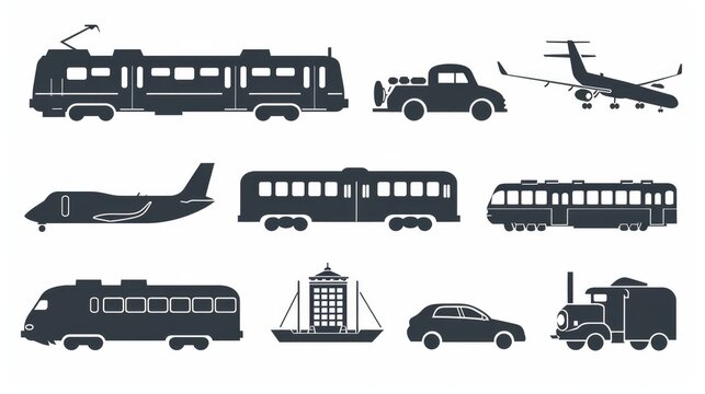 A silhouette icon set depicting air, auto, and railway transport, including a stop station sign for public transport in glyph pictogram style. Icons of a car, bus, tram, train, metro, plane and ship