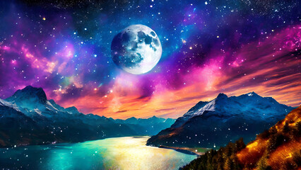 Fototapeta na wymiar Starry Seascape Moonlit Waters Convey Earth Enchantment in Celestial Light