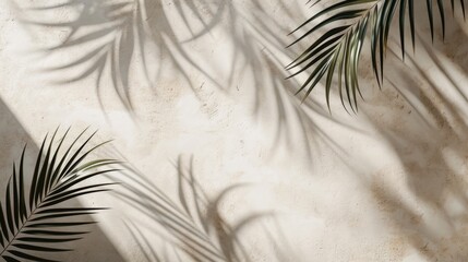 Mock up with natural soft shadow from palm leaves for product presentation or showcase on beige textured stone background - obrazy, fototapety, plakaty