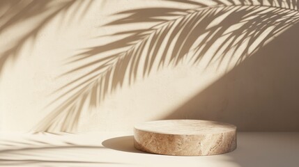 Mock up with round podium stone textured pedestal with natural soft shadow from palm leaves on beige background for product presentation or showcase