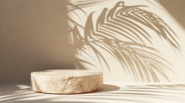 Mock up with round podium stone textured pedestal with natural soft shadow from palm leaves on beige background for product presentation or showcase