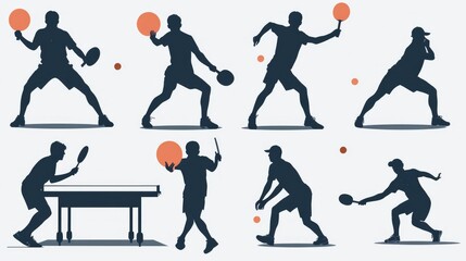 A collection of silhouettes depicting table tennis players - obrazy, fototapety, plakaty
