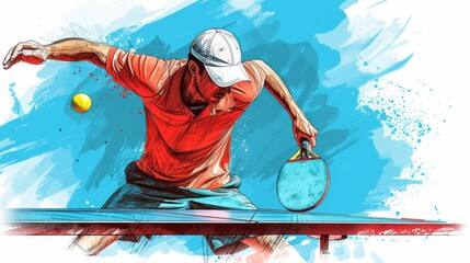 A vector illustration featuring a hand-drawn sketch of a table tennis player, colored for added vibrancy - obrazy, fototapety, plakaty