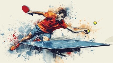 A vector illustration featuring a hand-drawn sketch of a table tennis player, colored for added vibrancy