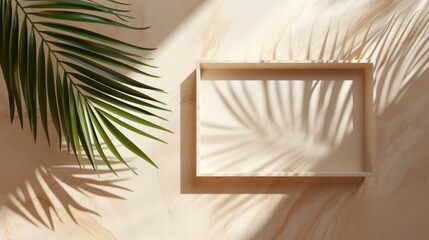 Mock up with rectangle stone frame and natural soft shadow from palm leaves for product presentation or showcase on beige textured background